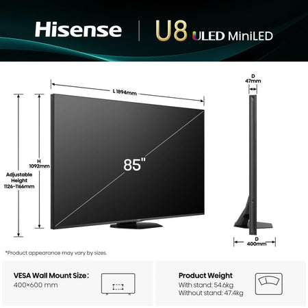 Hisense 85U8Q Smart TV 85 pollici 4K Ultra HD Mini LED ULED Nero Grigio