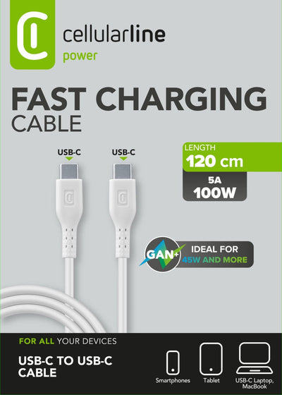 Cellularline Cavo USB-C 5A 100W, 1.2m Bianco