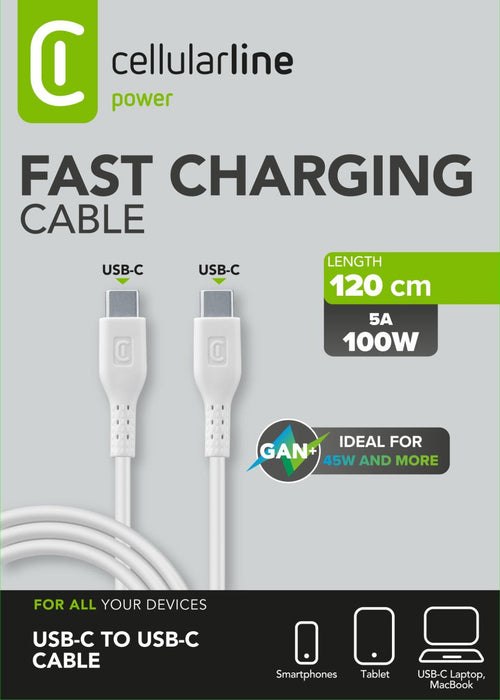 Cellularline Cavo USB-C 5A 100W, 1.2m Bianco