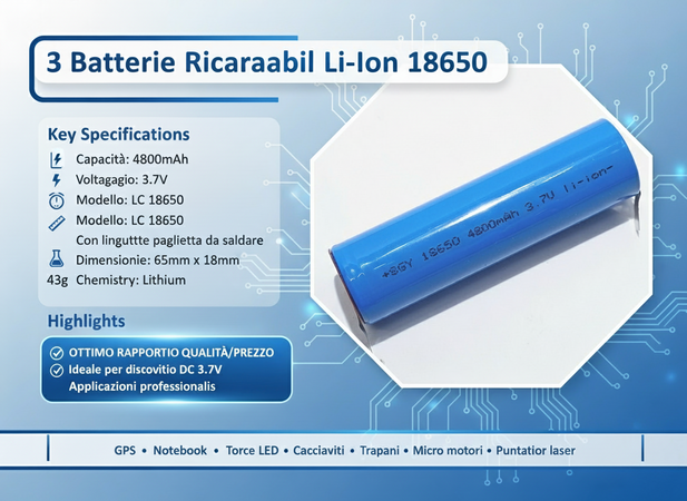 3 Batterie 18650 Litio 4800mAh 3,7V Ricaricabile Paglietta Linguette Pacco