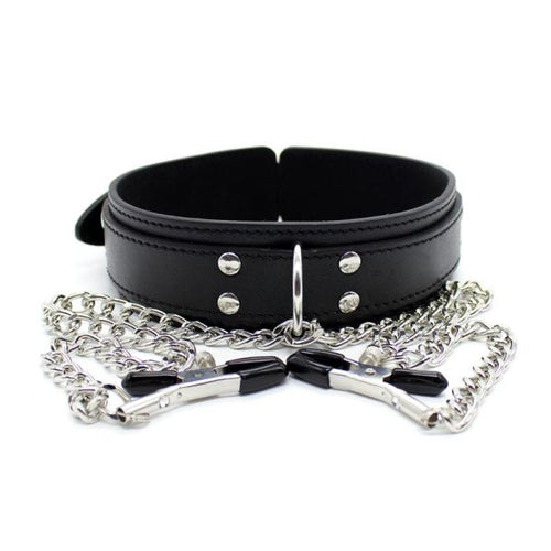 Collare donna con pinzette capezzoli nero bondage fetish BDSM pelle PU