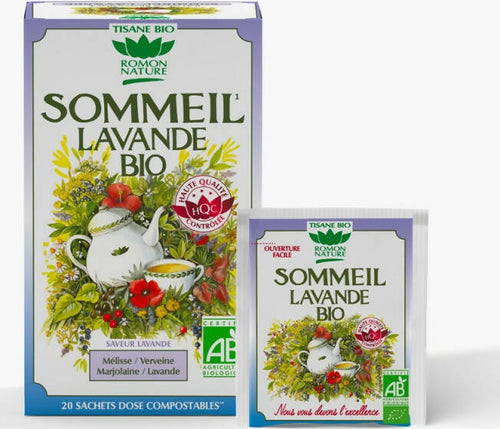 1 scatola di 20 bustine di infusi biologici per un sonno gradevole al gusto della lavanda. con verbena e melissa.