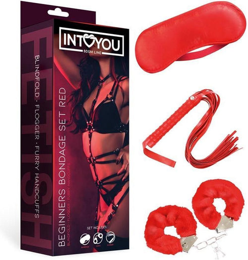 Set Bondage rosso maschera frustino e manette per giochi fetish bondage BDSM kit