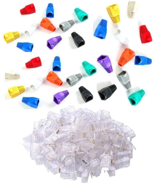 100 Connettori Rete RJ45 per Cavo Cat 5e + 100 Gommini Copriconnettori per Plug RJ45 Colorati