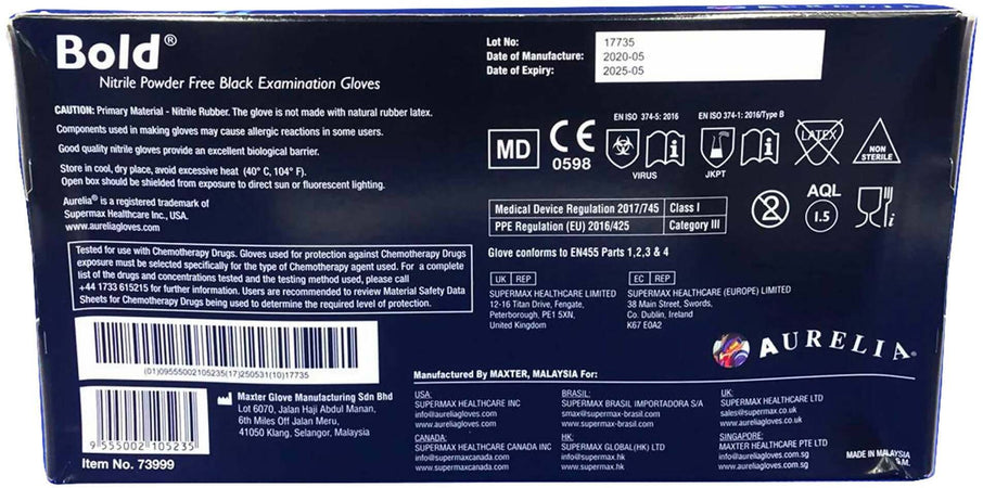 100 Guanti In Nitrile Aurelia Bold Neri Guanto Nero Senza Polvere 5mil Latex Free Ambidestro Aurelia Gloves