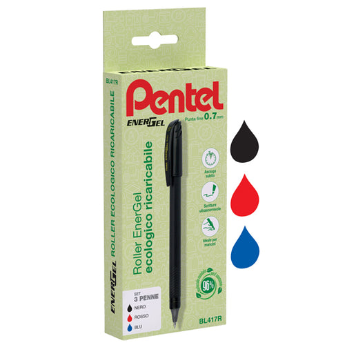 Astuccio 3 Roller Energel Recycology 96 Punta 0,7Mm Nero/Rosso/Blu Pentel