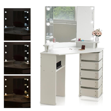 Consolle Trucco Angolare Specchio a Led Mobile Makeup 5 Cassetti Luce Regolabile