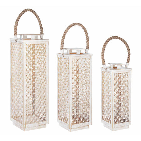 Kit 3 Lanterne decorative in metallo con portacandela decorato interno oro h 69 cm