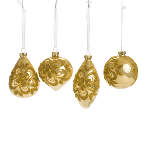 Pallina in vetro colore oro con fiore per albero di Natale, set da 4 pezzi