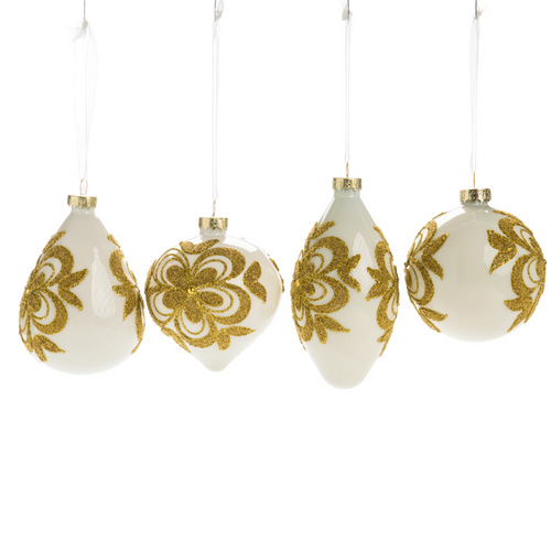 Pallina in vetro colore bianco con fiore per albero di Natale, set da 4 pezzi