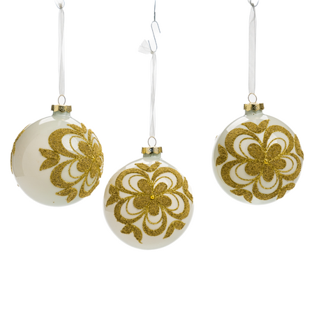 Pallina in vetro colore bianco con fiore per albero di Natale