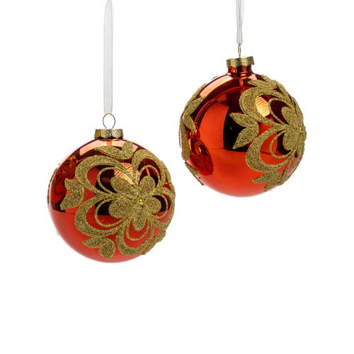 Pallina in vetro colore rosso con fiore per albero di Natale