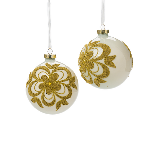 Pallina in vetro colore bianco con fiore per albero di Natale