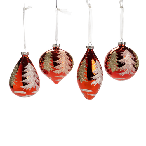 Pallina in vetro colore rosso con alberi glitterati per albero di Natale, set da 4 pezzi