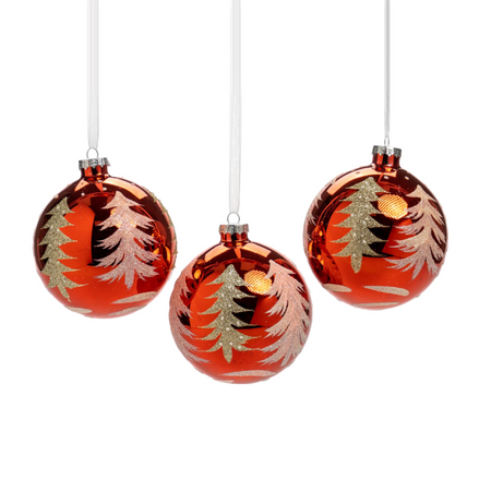 Pallina in vetro colore rosso con alberi glitterati per albero di Natale