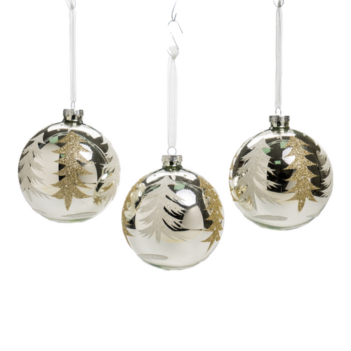 Pallina in vetro colore argento con alberi glitterati per albero di Natale