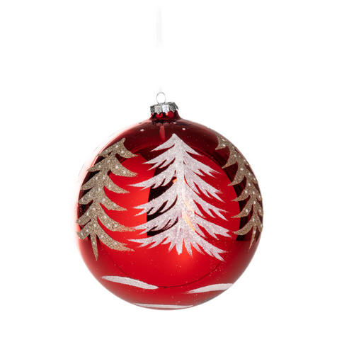 Pallina in vetro colore rosso con alberi glitterati per albero di Natale