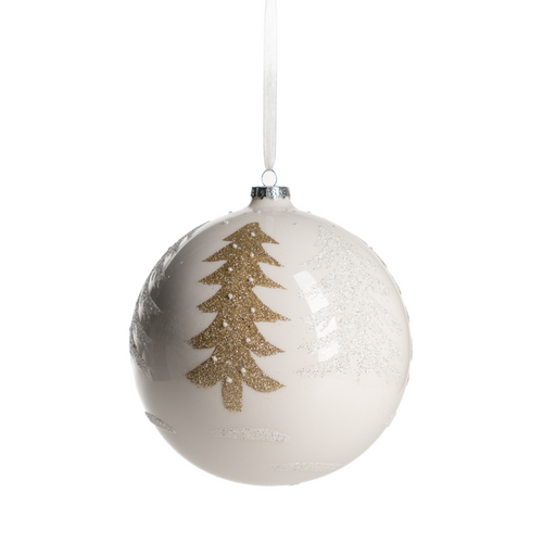 Pallina in vetro colore bianco con alberi glitterati per albero di Natale