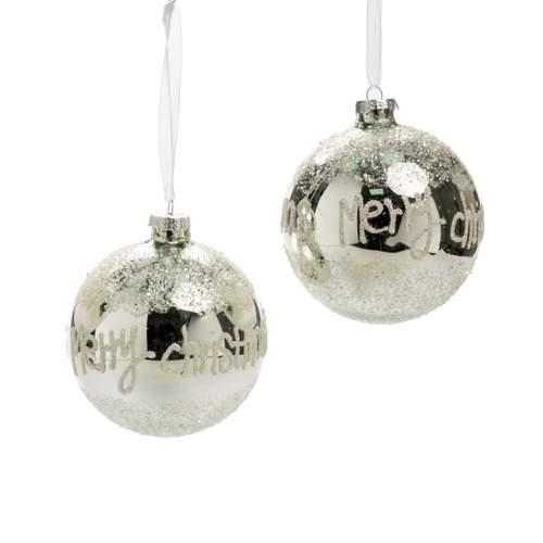 Pallina in vetro colore argento con scritta Merry Christmas per albero di Natale