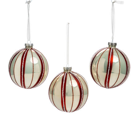 Pallina in vetro colore rosso e bianco a spicchi per albero di Natale