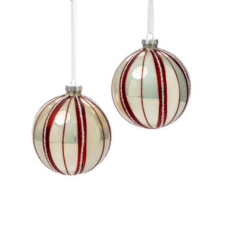 Pallina in vetro colore rosso e bianco a spicchi per albero di Natale