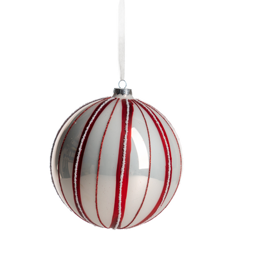 Pallina in vetro colore rosso e bianco a spicchi per albero di Natale