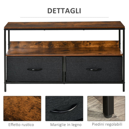 Mobile TV Stile Industriale con Cassetti Pieghevoli in Tessuto e Mensola, Mobiletto TV in Metallo e MDF, Marrone noce e Nero F839-071CGA