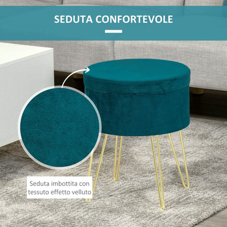 Pouf Contenitore 2 in 1 con Funzione Sgabello e Tavolino in Legno e Velluto Verde negozio portaoggetti , Metallo con Finitura Oro, 36x36x45cm F838-033A