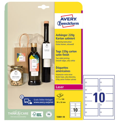 Cartellini Stampabili Con Bordi Lisci Bianchi 90X50Mm 10Fg (10Cart/Fg Avery