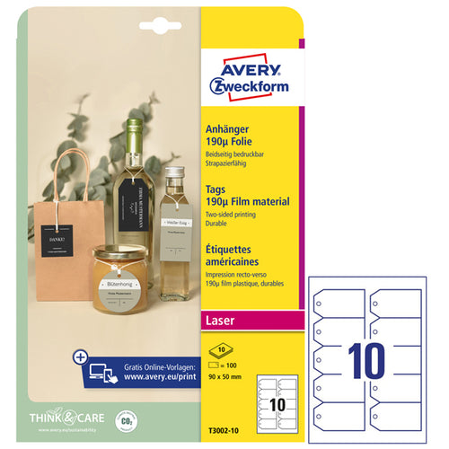 Cartellini Resistenti C/Angoli Tagliati 90X50Mm 10Fg(10Cart/Fg Bianco Avery