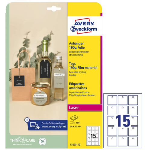 Cartellini Stampabili Resistenti 190Mic 50X50Mm 10Fg(15Cart/Fg Bianco Avery