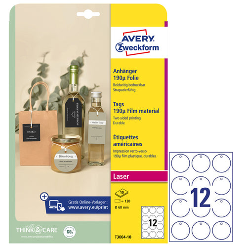 Cartellini Stampabili Resistenti 190Mic D60Mm 10Fg(12Cart/Fg Bianco Avery