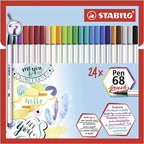 Stabilo Pen 68 Brush, Astuccio da 24, con 19 colori assortiti