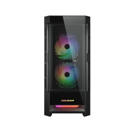 Cougar Duoface RGB è un case Midi Tower nero con illuminazione RGB. Offre supporto per ventole multiple, pannello in vetro temperato e spazio per schede grafiche fino a 33