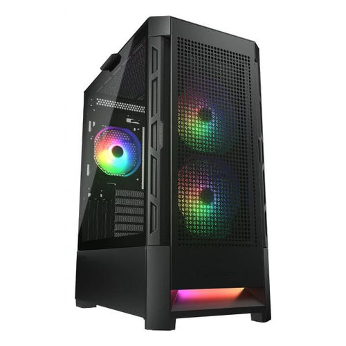 Cougar Duoface RGB è un case Midi Tower nero con illuminazione RGB. Offre supporto per ventole multiple, pannello in vetro temperato e spazio per schede grafiche fino a 33