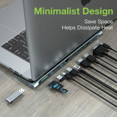 Docking Station 12 in 1 USB-C Hub VGA HDMI DP RJ45 con Lettore Micro SD/SD