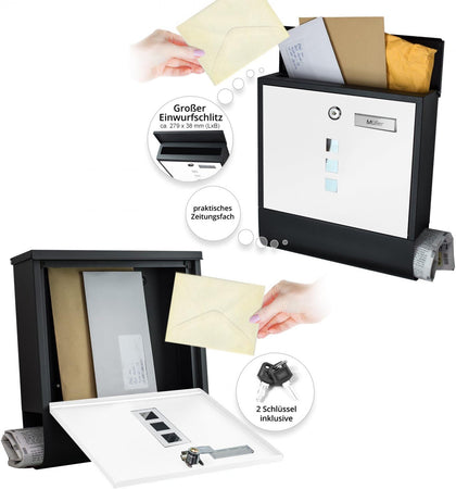 Cassetta Porta Posta Acciaio Verniciato Antiruggine 37x33.5x10 cm 2 Chiavi Bianco Nero