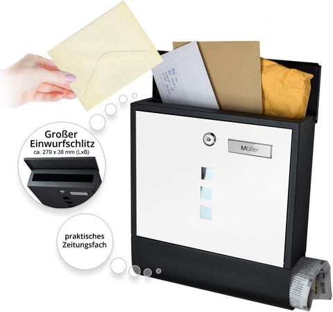 Cassetta Porta Posta Acciaio Verniciato Antiruggine 37x33.5x10 cm 2 Chiavi Bianco Nero