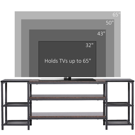 Mobile TV Moderno per TV fino a 65" con 6 Ripiani Aperti, in Acciaio e legno , scaffale , 140x40x50 cm, Marrone e Nero