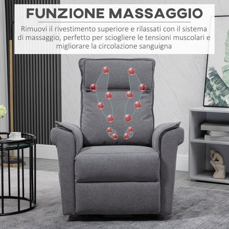 F713-081V90A Poltrona Relax Alza persona Massaggiante e Reclinabile a 150°, Rivestimento in Tessuto Grigio
