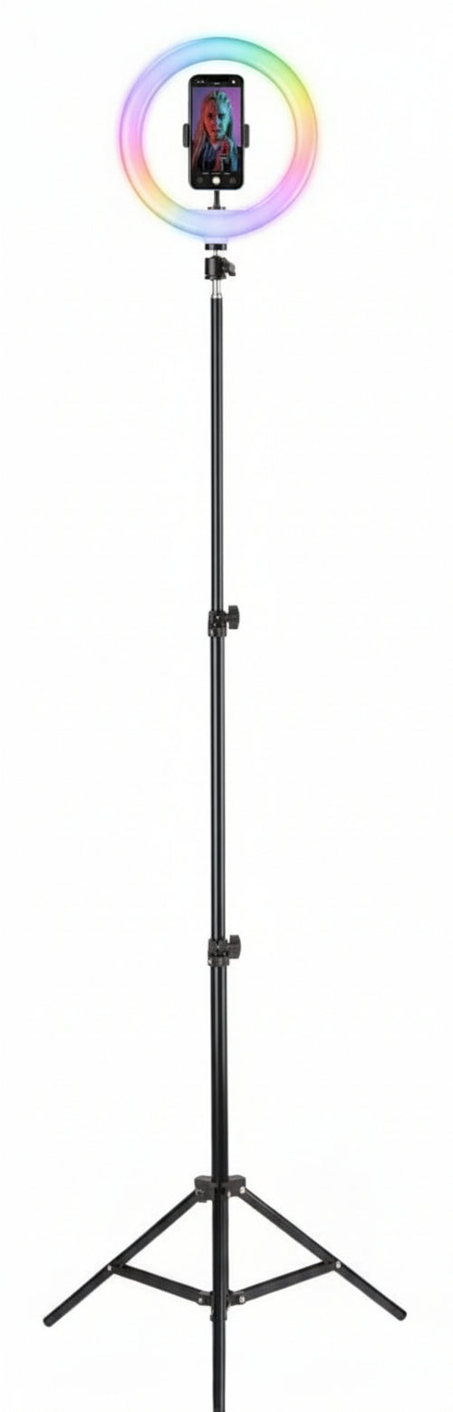 supporto selfie ring nero universale Anello led con modalità RGB a luminosità regolabile e treppiede da 160 cm per riprese video