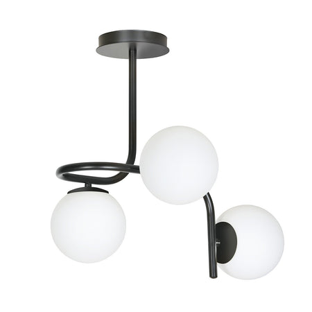 Lampadario 3 Luci Kalf In Acciaio Nero A Bracci E Sfere In Vetro Opalino