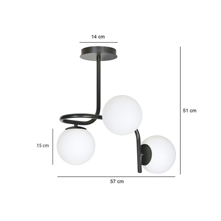 Lampadario 3 Luci Kalf In Acciaio Nero A Bracci E Sfere In Vetro Opalino