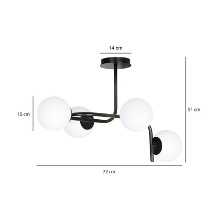 Lampadario 4 Luci Kalf In Acciaio Nero A Bracci Curvi E Sfere In Vetro Opalino