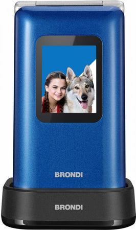 telefono gsm brondi amico prezioso blu clamshell dual sim quadri band  display 2.8 flip attivo e base di ricarica