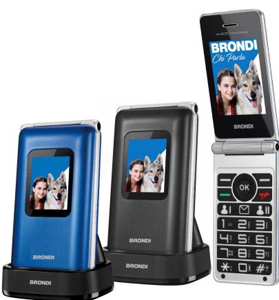 telefono gsm brondi amico prezioso blu clamshell dual sim quadri band  display 2.8 flip attivo e base di ricarica