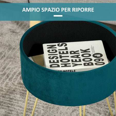 Pouf Contenitore 2 in 1 con Funzione Sgabello e Tavolino in Legno e Velluto Verde negozio portaoggetti , Metallo con Finitura Oro, 36x36x45cm F838-033A