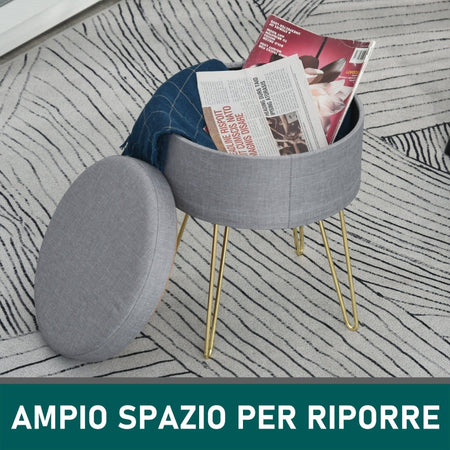 Pouf Contenitore 2 in 1 con Funzione Sgabello e Tavolino, in Legno e Tessuto Grigio, Metallo con Finitura Oro, 36x36x45cm camera da letto elegante negozio F838-033V70A