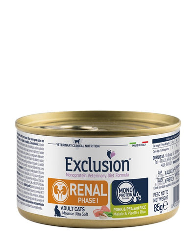 Exclusion Renal Phase 1 Gatti Adulti Maiale Riso e Piselli 85 gr