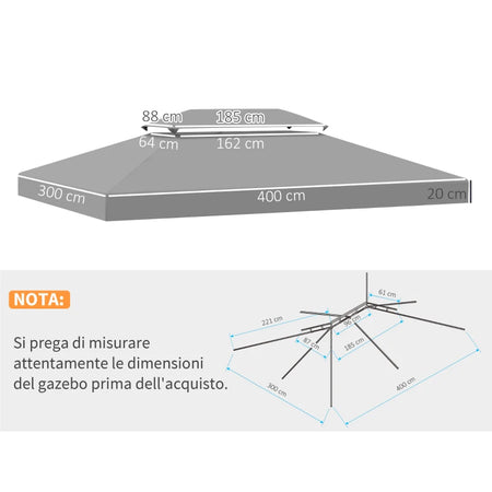 Copertura Ricambio per Gazebo 3x4 MT Idrorepellente Protezione UV Grigio